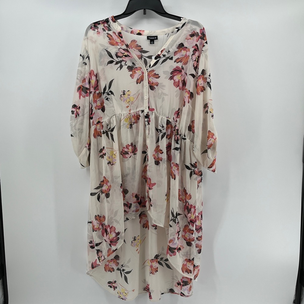 Torrid Floral High-Low Tunic Top Size 2 Pink Orange Chiffon Roll Tab Sleeve